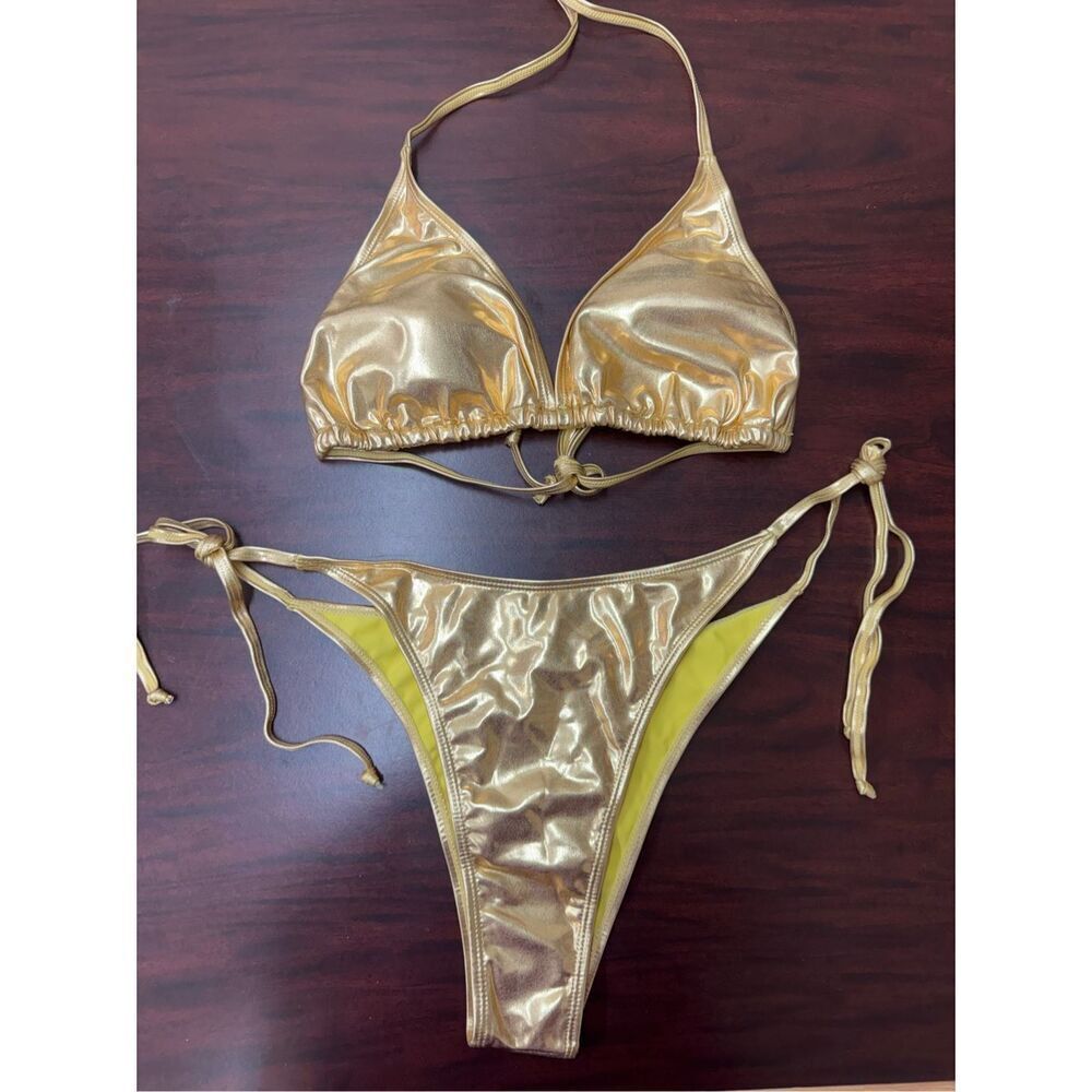 SHEIN Gold Metallic Bikini with Triangle Top Size X-Large